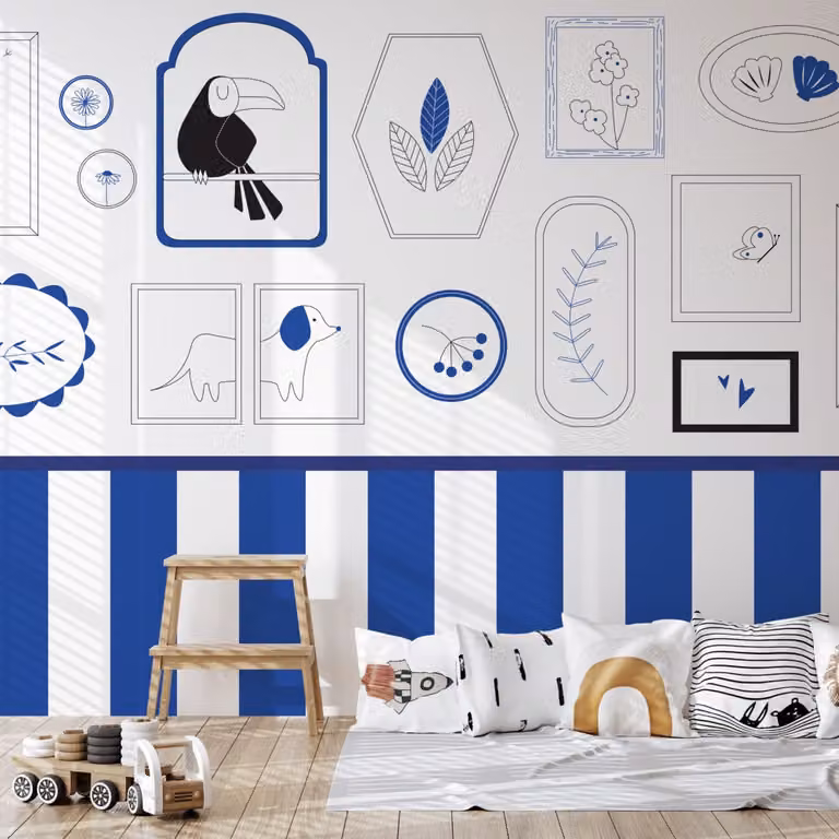 Papel pintado panorámico Acte Deco con motivos de marcos infantiles en azul, An x Al: 375 x 250 cm
