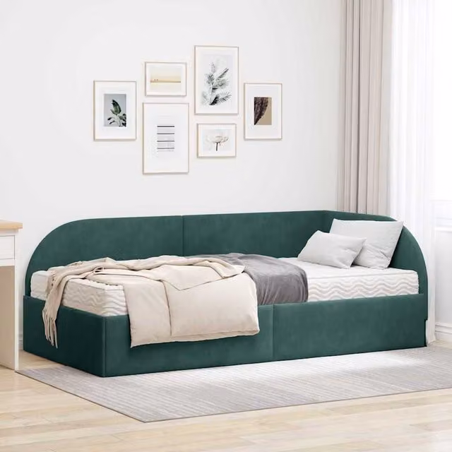 Estructura de cama de esquina con 2 colchones Maison Exclusive en terciopelo verde oscuro, An/P/Al: 90 x 200 x 104 cm