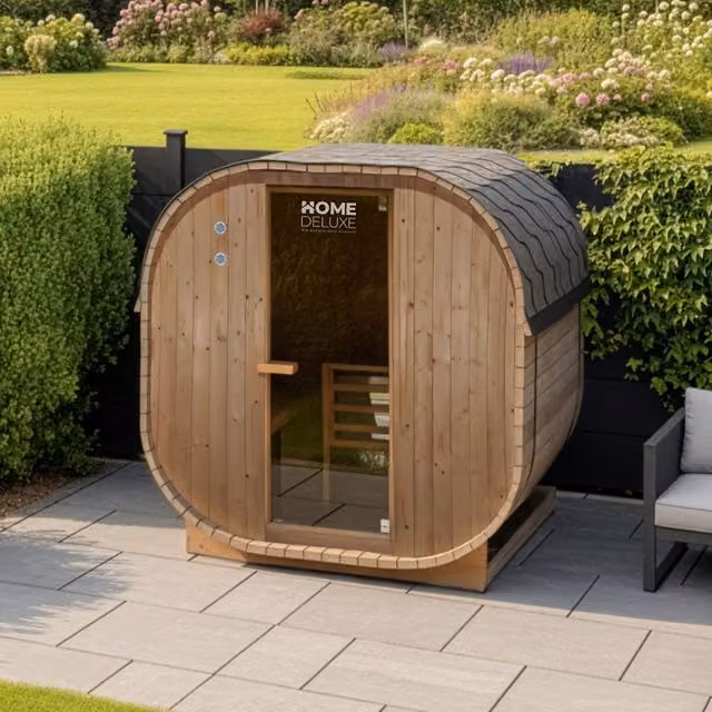Sauna exterior Home Deluxe CUBE L de madera de abeto para 4 personas, color marrón, An/P/Al: 184 x 180 x 194 cm