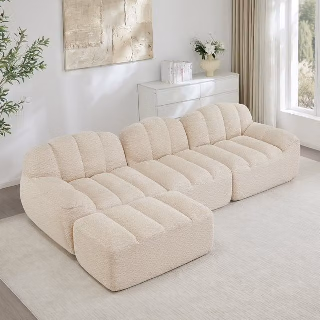 Sofá Modular en Forma de L de 3 Plazas KELLANY con Otomana, Diseño Moderno Reversible en Tejido Boucle Beige y Blanco