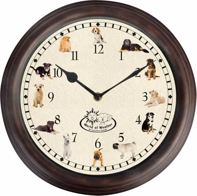 Reloj de pared analógico redondo con sonidos de perros y diseño de animales de Esschert Design en marrón y multicolor