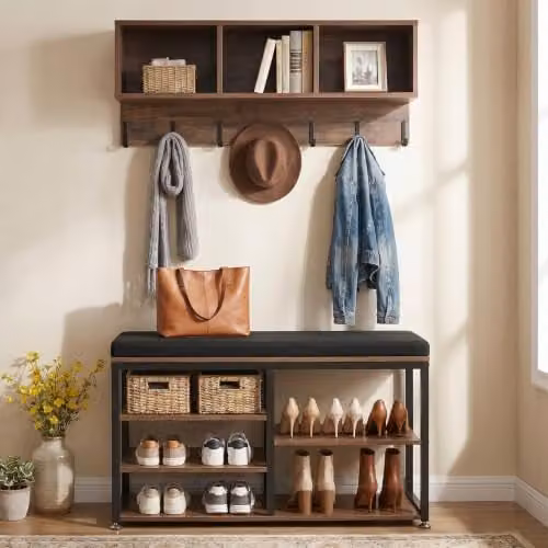 Perchero de pared VEVOR con banco para zapatos y estantes, mueble organizador de entrada moderno en color marrón y metal mate para pasillo, dormitorio o salón