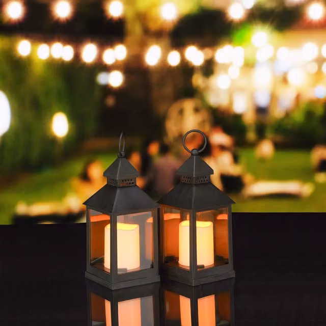 Set de 4 faroles LED decorativos Relaxdays con efecto llama vintage, color negro, An/P/Al: 10 x 10 x 23 cm