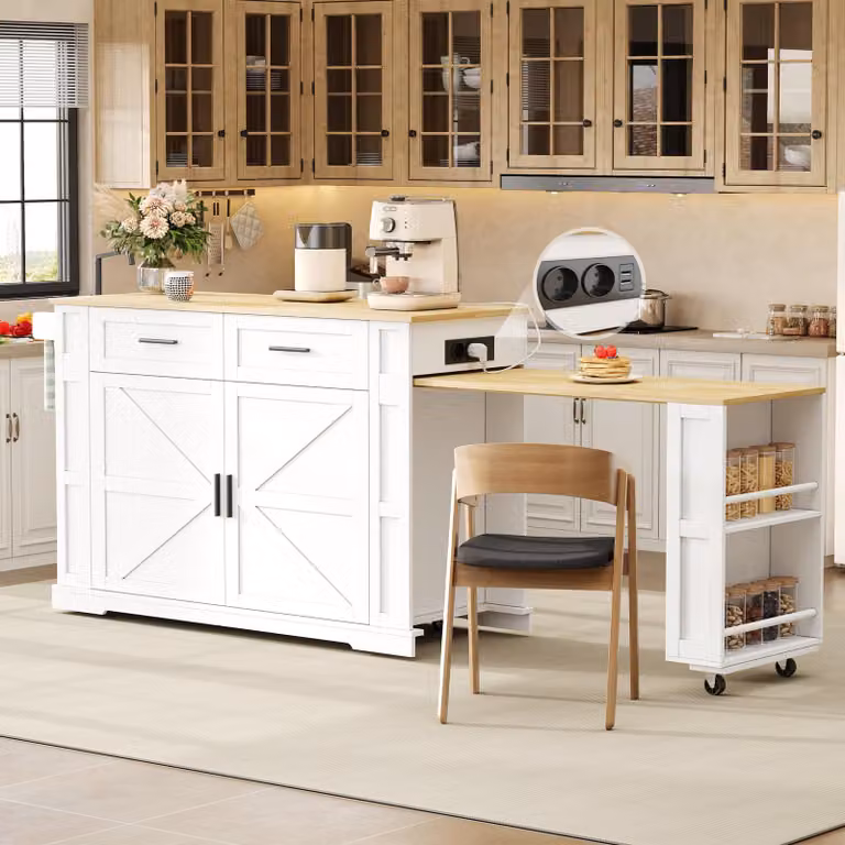 Isla de cocina Okwish con encimera extensible, estante ajustable, cajones, regleta de enchufes y ruedas, color blanco