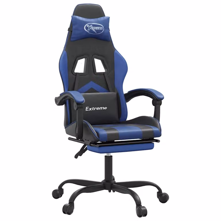 Silla gaming vidaXL con reposapiés y reposacabezas en cuero sintético negro y azul