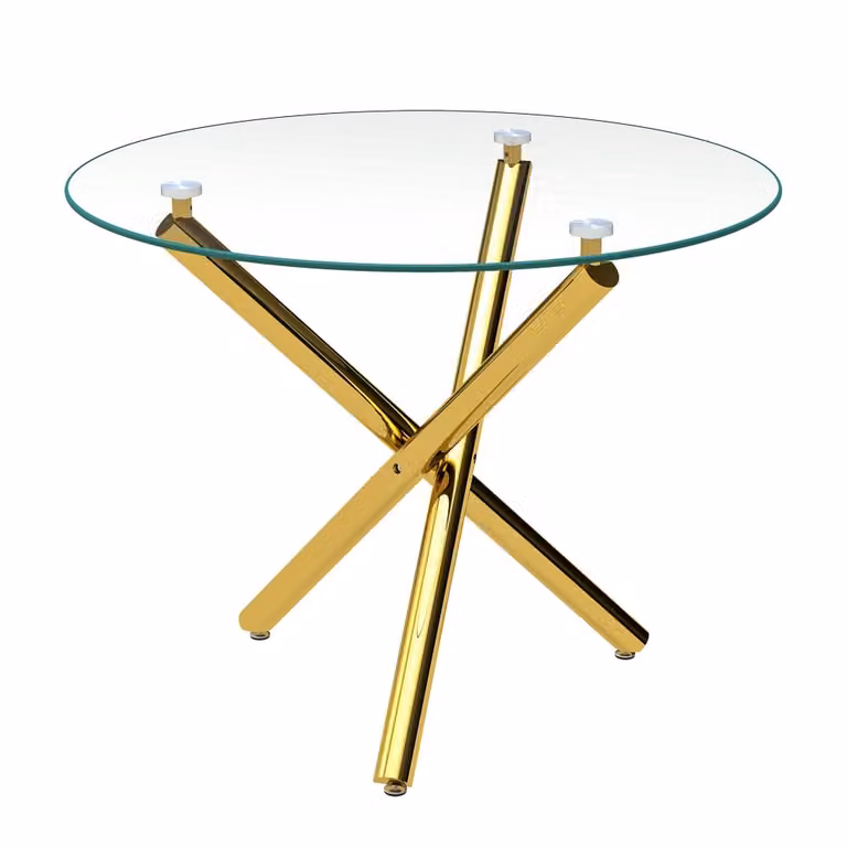 Mesa de comedor redonda moderna MODFU con superficie de cristal transparente y patas de metal doradas An/P/Al: 80 x 80 x 76 cm