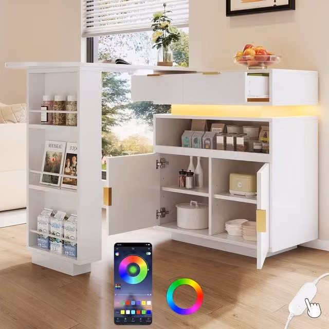 Mesa de bar extensible KELLANY blanca con iluminación LED, función giratoria de 360 grados y almacenamiento, ideal para tu cocina o comedor, An/P/Al: 115-183 x 40 x 99 cm