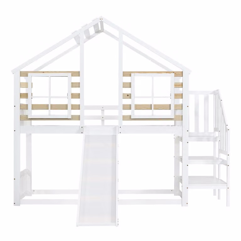 Litera infantil OKWISH de madera con tobogán y zona de juego, diseño escandinavo en color blanco y beige, An/P/Al: 200 x 90 x 120 cm