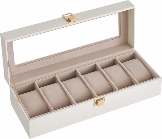 Caja de relojes SONGMICS con 6 compartimentos, tapa de cristal y cuero sintético blanco, An/P/Al: 30 x 11,2 x 8 cm