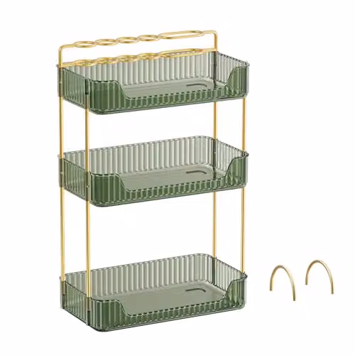 Organizador de maquillaje SONGMICS de 3 niveles con accesorios en color verde y dorado