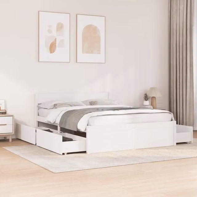 Estructura de cama Maison Exclusive de madera maciza de pino blanca con cajones y somier de láminas fijas, An/P/Al: 160 x 200 x 78 cm