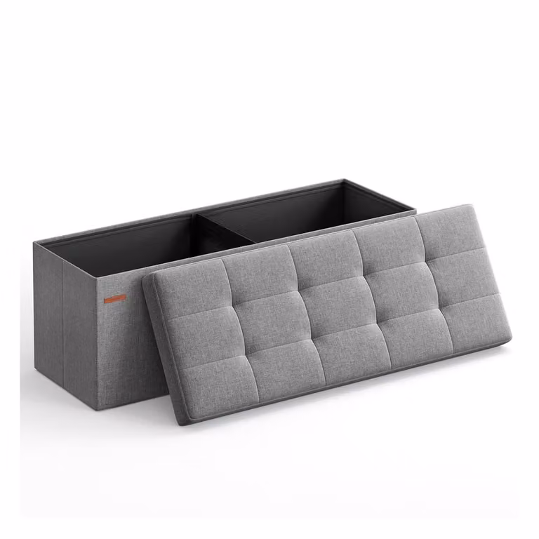 Banco de almacenaje Songmics otomana gris con tapa acolchada y soporte de metal An: 110 cm, Al: 38 cm, P: 38 cm