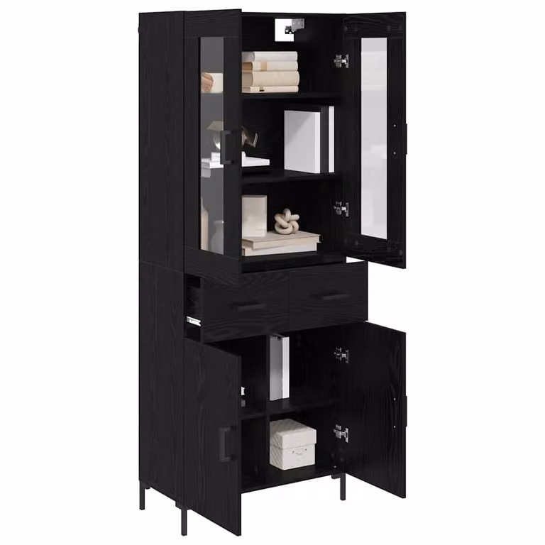 Set de 2 aparadores altos vidaXL modernos en roble y negro con puertas de cristal para salón, An/P/Al: 69,5 x 34 x 180 cm