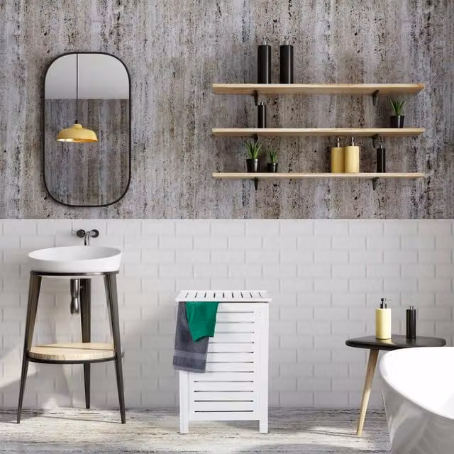 Cesto para ropa con tapa y bolsa extraíble NORTHIO en color blanco y madera