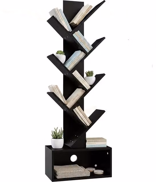 Estantería de escalera Relaxdays con 6 niveles y compartimentos para medios, diseño moderno en negro mate, Al 113 x An 38 x P 20 cm