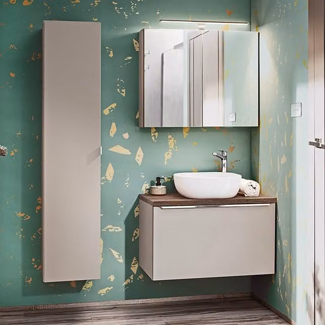 Conjunto de mueble lavabo individual Éros con columna y armario de pared en color topo y beige de PETITS MEUBLES