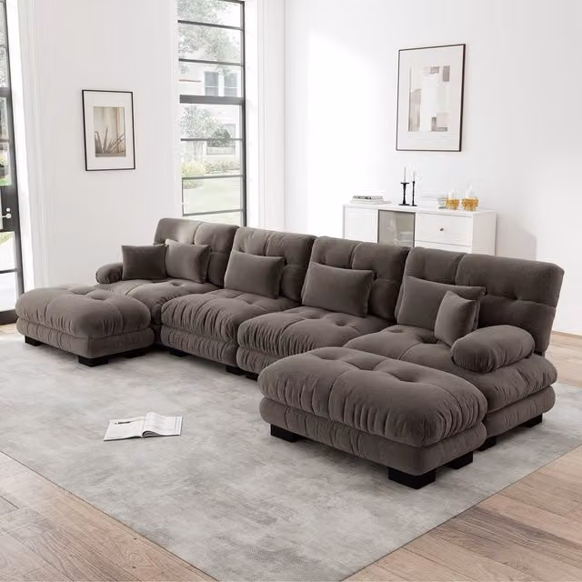 Sofá Esquinero Modular KELLANY en Chenilla Marrón con Otomana Móvil y Cojines para 4 Personas en Forma de U