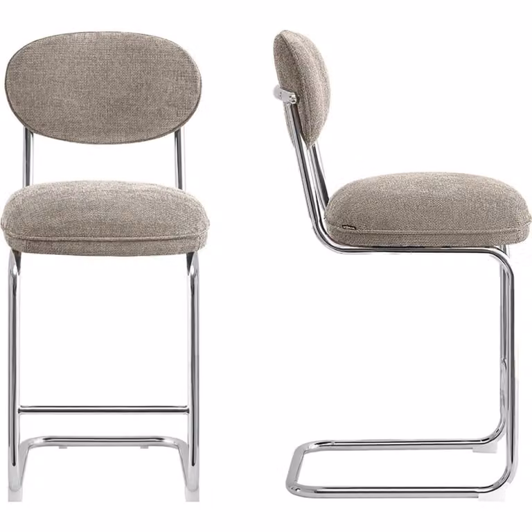 Pack de 2 taburetes de bar Homifab en tejido chenilla color topo con patas de metal cromado para cocina o comedor