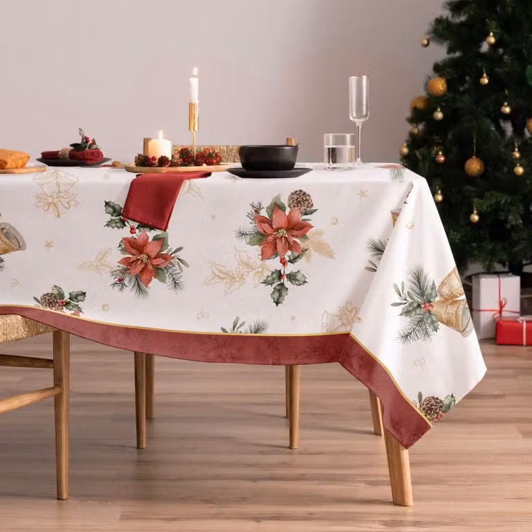 Mantel de Navidad de Algodón con Diseño Floral en Blanco y Multicolor, Repelente al Agua y a las Manchas, 155 x 155 cm