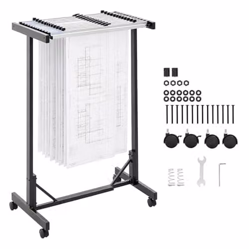 Soporte de metal VEVOR para planos y mapas con estantes ajustables, 12 abrazaderas y ruedas, color negro