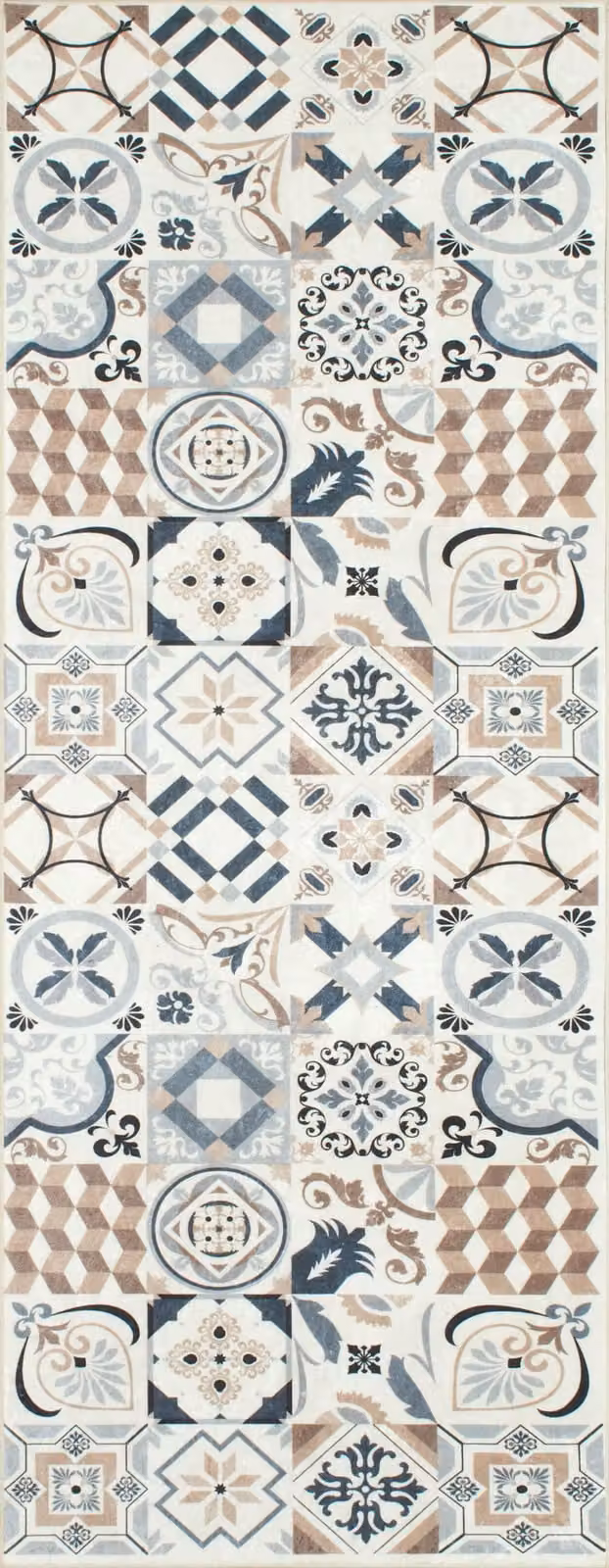 Alfombra de cocina Nazar con diseño de mosaico moderno, antideslizante y lavable, color marrón y multicolor, An/P: 70 x 180 cm