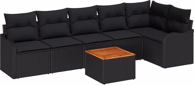 Conjunto de sofás de jardín SYFAX de 7 piezas en color negro con ratán sintético, estructura de acero y madera de acacia, incluye cojines y mesa de café para terraza o balcón