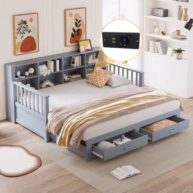 Cama nido DREAMMESPACE de madera maciza de pino y MDF en color gris con 2 cajones, somier de láminas, estante lateral y puerto de carga USB, An/P/Al: 90 x 190 x 80 cm