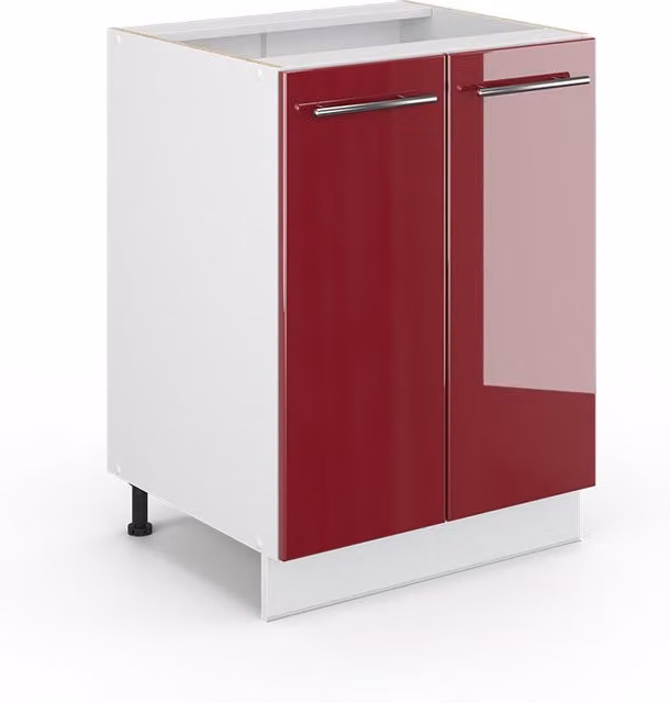 Mueble bajo de cocina Vicco Fame-Line en rojo burdeos alto brillo con puertas batientes y sin encimera, An: 60 cm, Al: 82 cm, P: 51,6 cm