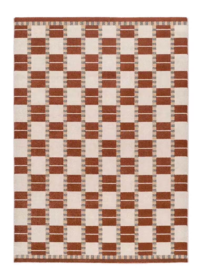 Alfombra geométrica retro Atticgo en colores beige y bronce, An/P: 80 x 150 cm