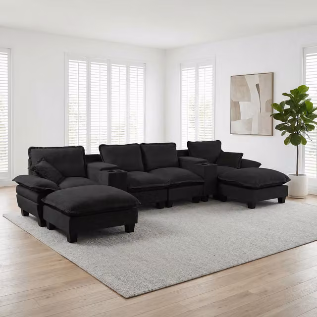 Sofá Modular Cloud de KELLANY en forma de U con funda de chenille negra, incluye 2 otomanas, 2 cojines, consolas con almacenamiento, portavasos y puerto USB