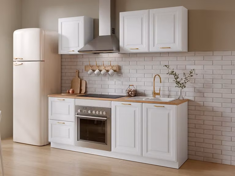 Cocina completa de estilo rústico CELOMIA con encimera de 200 cm en blanco y beige
