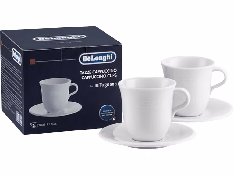 Set de 2 tazas de porcelana De'Longhi para cappuccino con platillo, color blanco, 270 ml