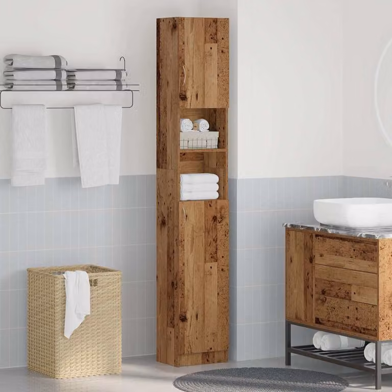 Armario de baño Prolenta de madera marrón estilo rústico con puertas abatibles y estantes internos, An/P/Al: 32 x 25,5 x 190 cm