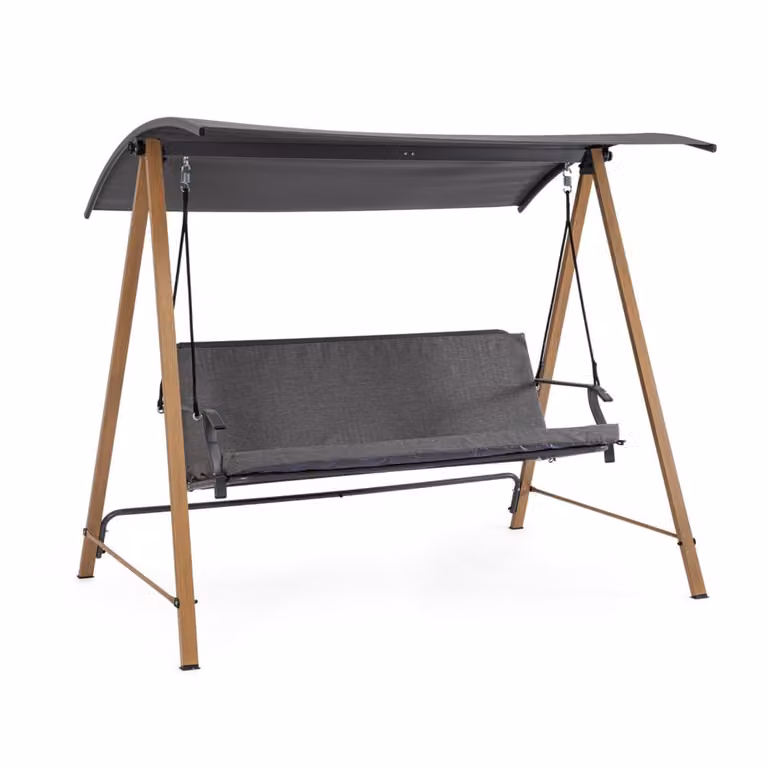Mecedora de 3 plazas Konte.Design para exterior con toldo y cojines en colores gris y marrón