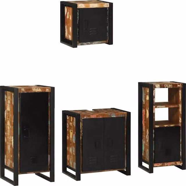 Juego de muebles de baño minimalista SYFAX de madera y metal en colores marrón y negro con armario de pared y puertas batientes