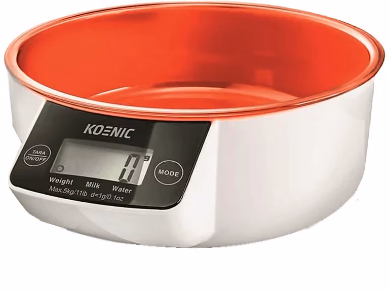 Balanza de cocina digital KOENIC KSS 3220 con función tara y diseño en forma de bol, color blanco y rojo, capacidad hasta 5 kg