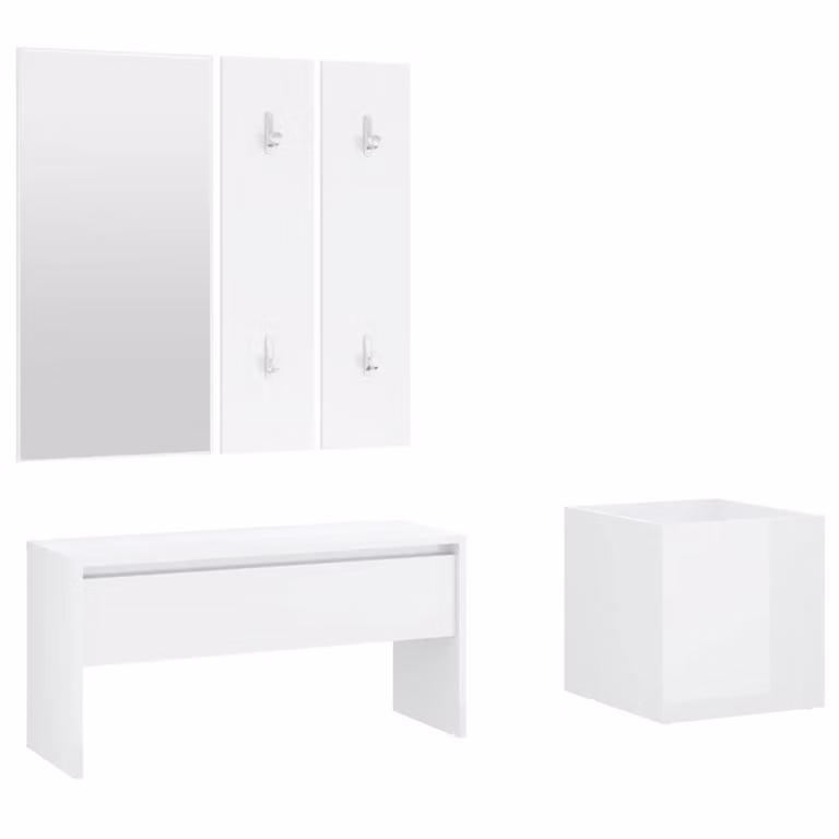 Set de muebles de recibidor vidaXL moderno en blanco brillo con banco, espejo y estante de pared de madera y MDF