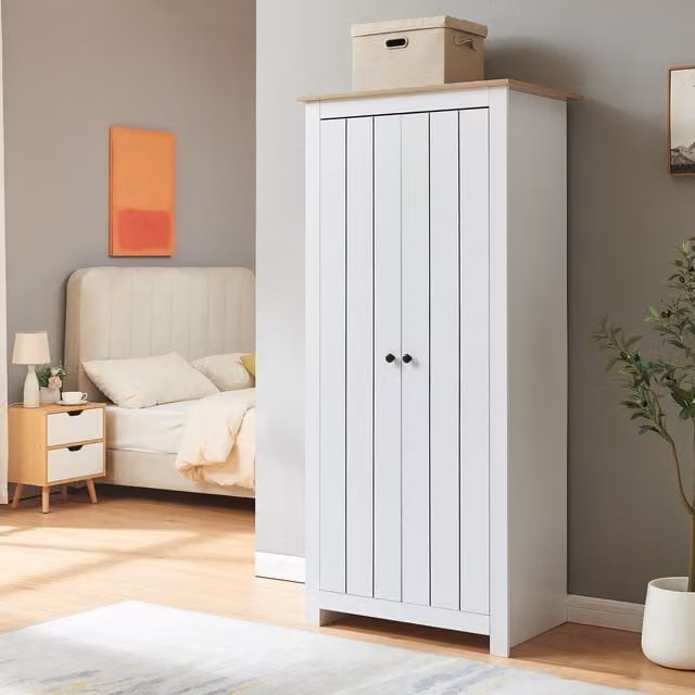 Armario ropero de 2 puertas con perchero y compartimento en blanco y roble de en.casa, An: 80 cm, Al: 175 cm, P: 52 cm