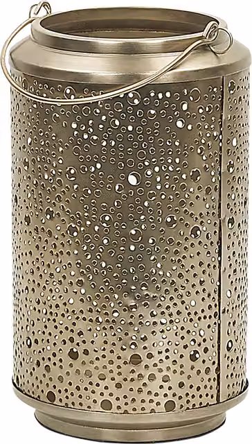 Linterna portavelas decorativa Beliani Corfu de metal y hierro en acabado dorado de estilo vintage para mesa, Altura: 25 cm