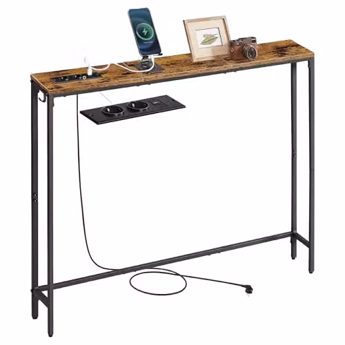Mesa de consola VASAGLE moderna con regleta, marrón y negro, An/P/Al: 100 x 15 x 80 cm