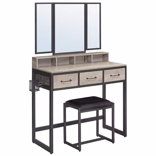 Tocador VASAGLE con espejo triple, taburete y 3 cajones en color beige