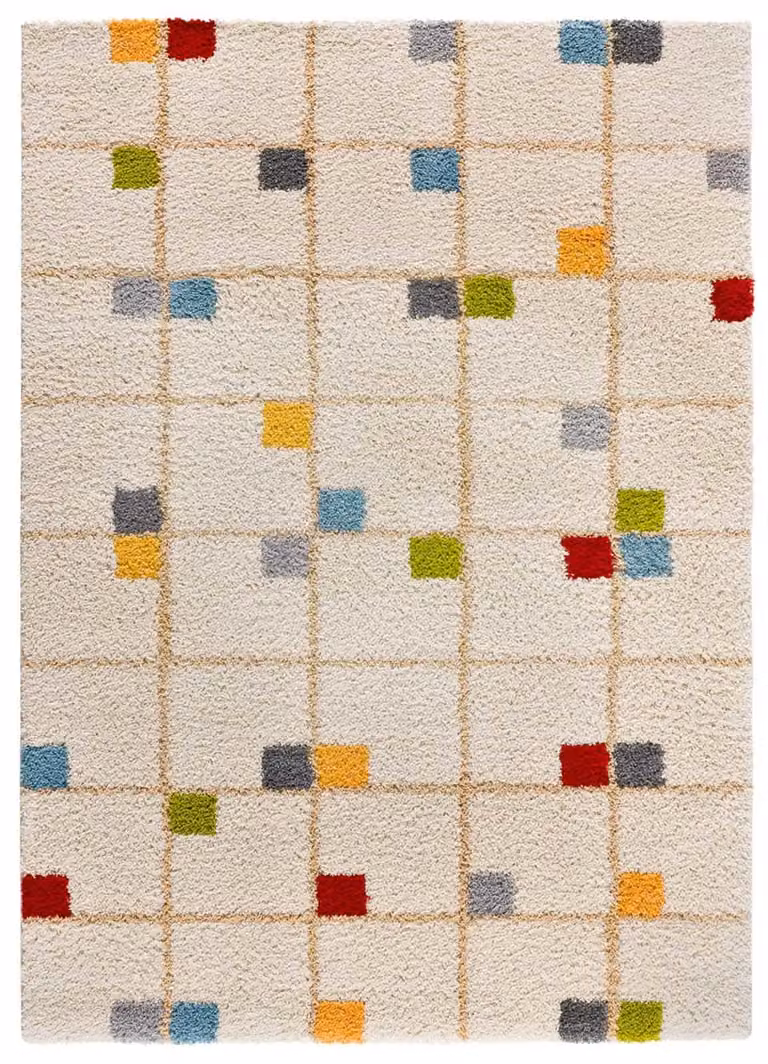 Alfombra Shaggy Atticgo de Polipropileno con Diseño Geométrico Moderno en Blanco y Multicolor, An/P: 133 x 190 cm