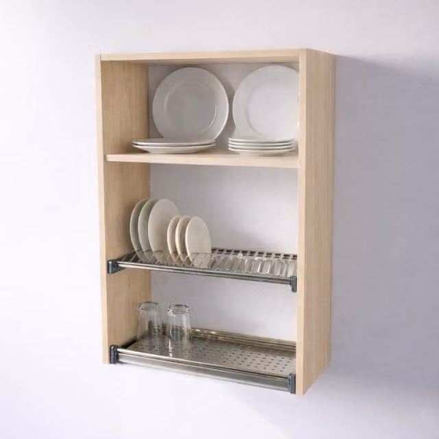 Mueble escurreplatos colgante Calandrelli en color roble con puertas batientes, An: 60 cm, Al: 90 cm, P: 33 cm