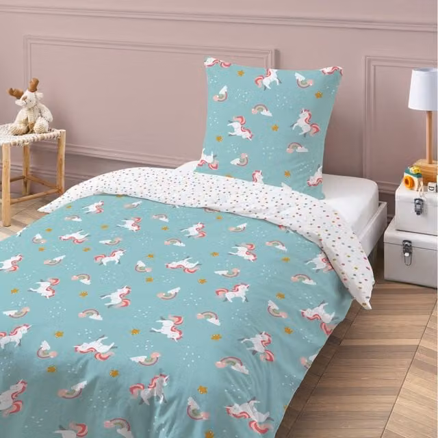 Juego de cama reversible de algodón para niños Future Home con estampado de unicornio y animales en azul, blanco y turquesa, An/P/Al: 140 x 200 cm