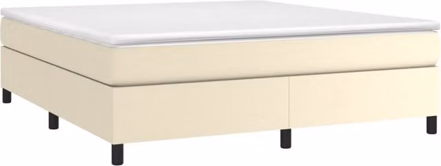 Estructura de cama tapizada SYFAX en cuero sintético color beige con somier de láminas de madera, An/P/Al: 180 x 200 x 35 cm