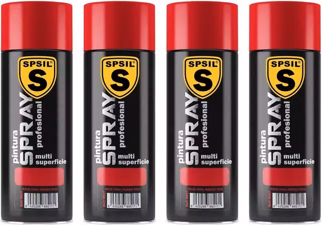 Pack de 4 unidades de spray de pintura profesional Spsil con acabado brillante en color rojo vivo, de secado rápido para interior y exterior, 400 ml cada uno
