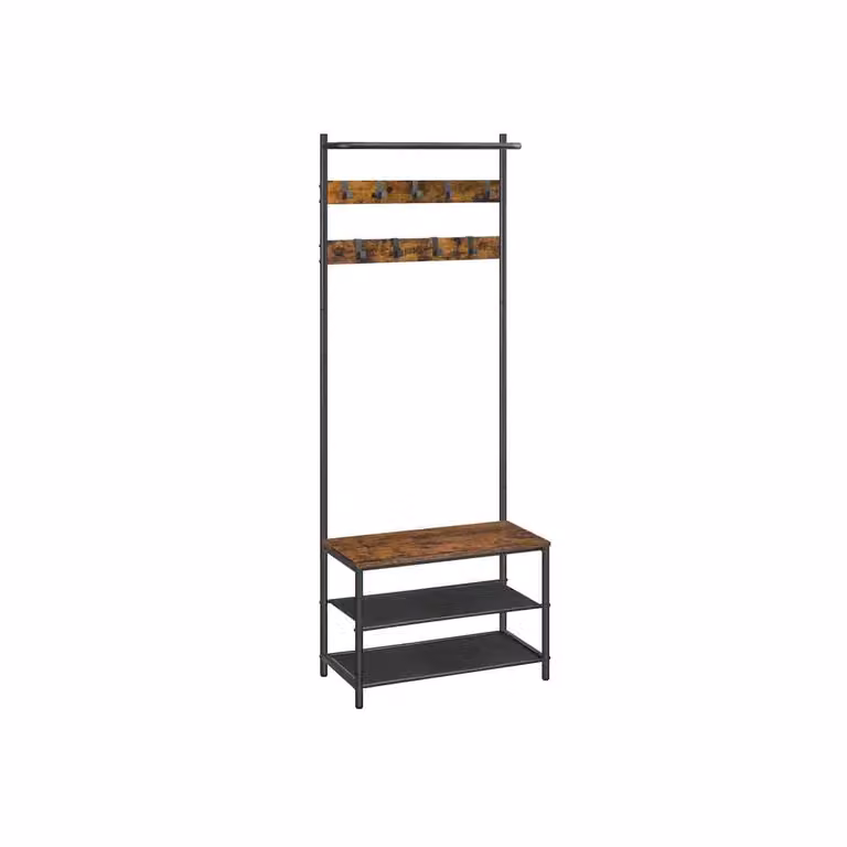 VASAGLE Perchero de pie con banco y 9 ganchos, estilo industrial para recibidor o dormitorio, marrón y negro, An/P/Al: 32,2 x 64 x 180 cm