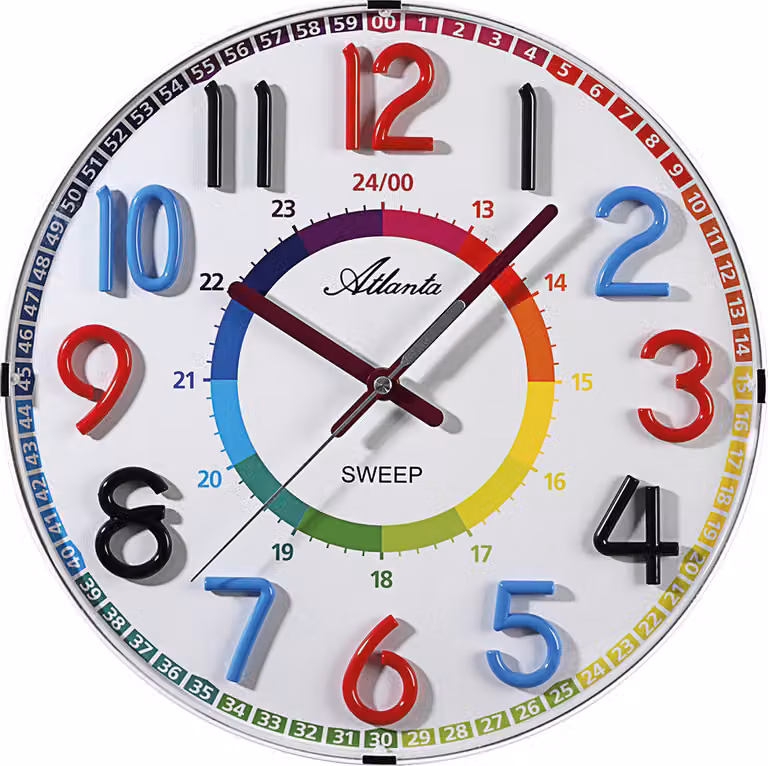 Reloj de pared analógico Atlanta para niños con movimiento silencioso, multicolor, Diámetro: 33 cm