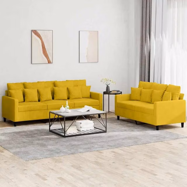 Juego de sofás de 2 piezas vidaXL con cojines, terciopelo amarillo, diseño moderno para salón
