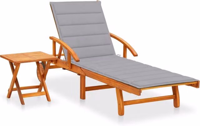 Tumbona de jardín VIDAXL de madera de acacia con mesa, cojín gris resistente a la intemperie y reposacabezas ajustable
